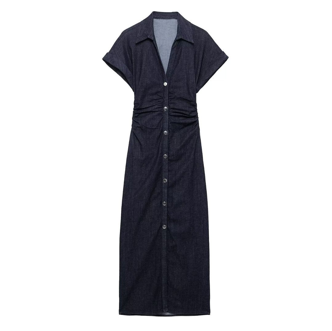 Damen lässiges Midi-Kleid mit Knopfverschluss und Raffung EB