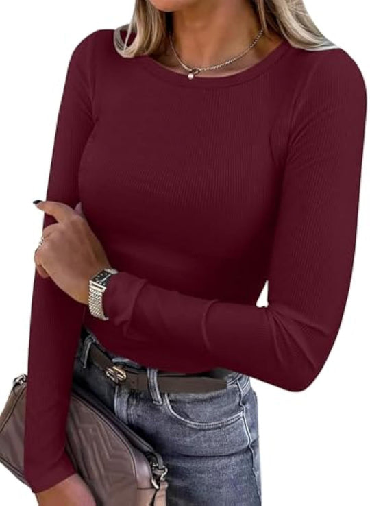 Damen Schmalgeschnittenes Ripp-Longsleeve mit Rundhalsausschnitt und Stretch-Baumwollmix EB