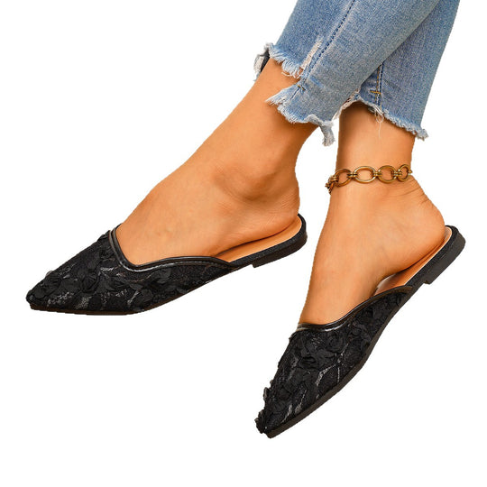 Damen Elegante Pantoletten mit floralem Spitzen-Design und offenem Fersenbereich EB