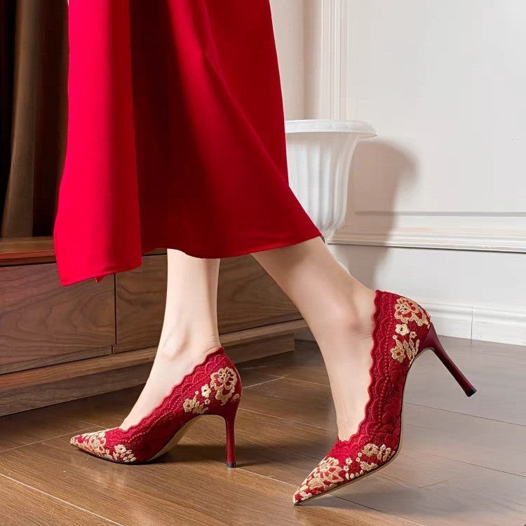Damen elegante High Heels mit floralem Spitzenbesatz EB
