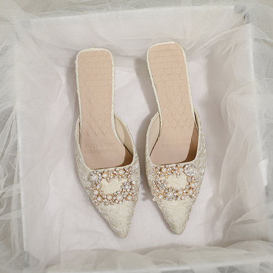 Damen elegante spitze Mules mit luxuriösem Schmuckdetail EB