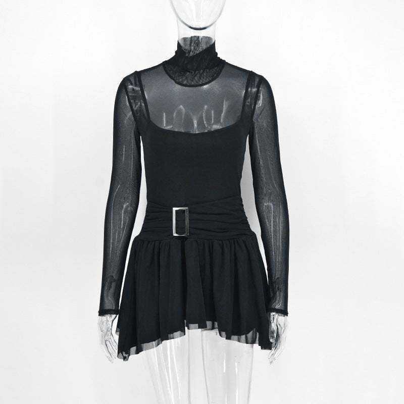 Damen Mini-Raffkleid mit transparenten Ärmeln und tailliertem Design EB