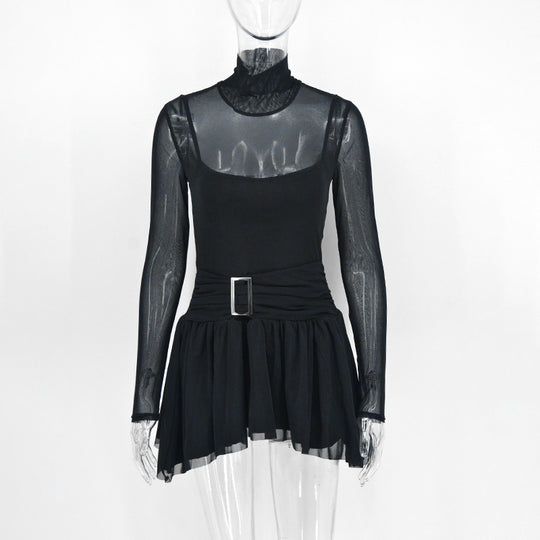 Damen Mini-Raffkleid mit transparenten Ärmeln und tailliertem Design EB