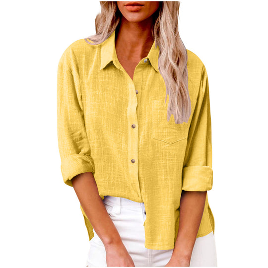 Damen nan oversized Leinen-Baumwollmix Hemdbluse mit Brusttasche und krempelbaren Ärmeln EB