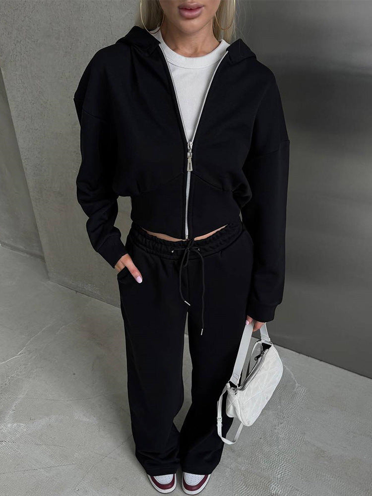 Damen nan zweiteiliges Cropped Hoodie-Set mit weitem Bundhose-Schnitt und tailliertem Reißverschluss EB