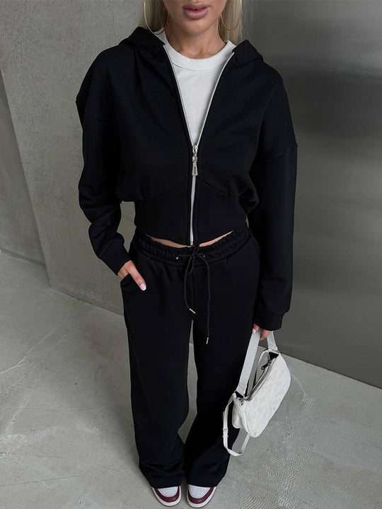 Damen nan zweiteiliges Cropped Hoodie-Set mit weitem Bundhose-Schnitt und tailliertem Reißverschluss EB