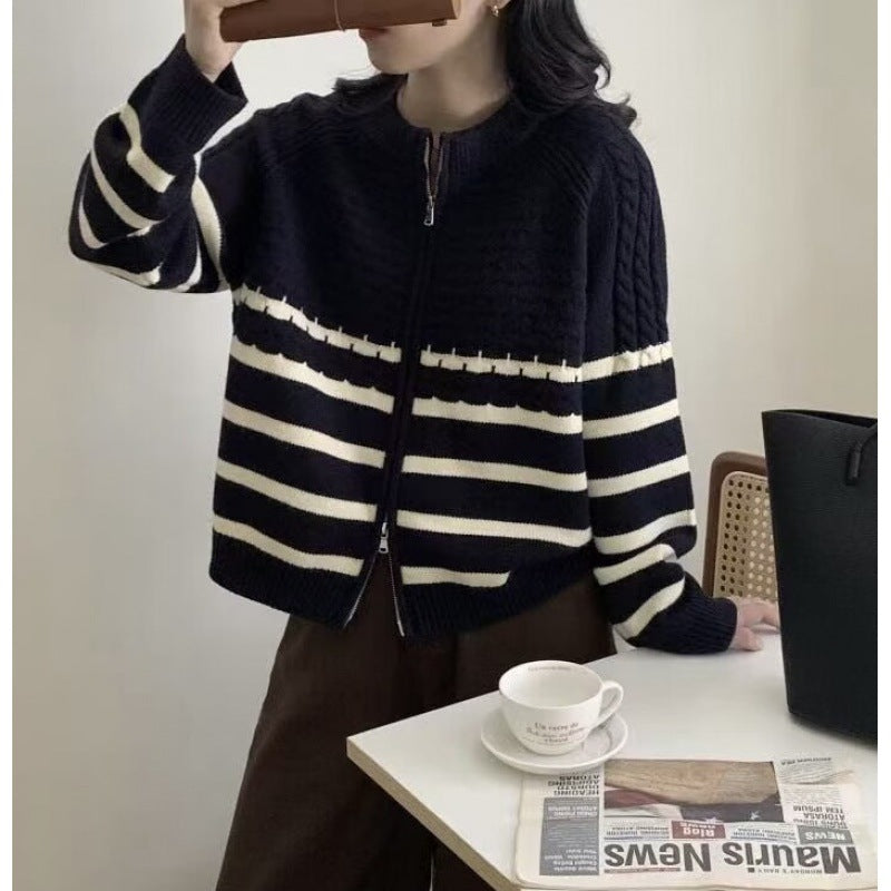 Damen Strickjacke im hochmodernen Streifendesign mit Reißverschluss EB
