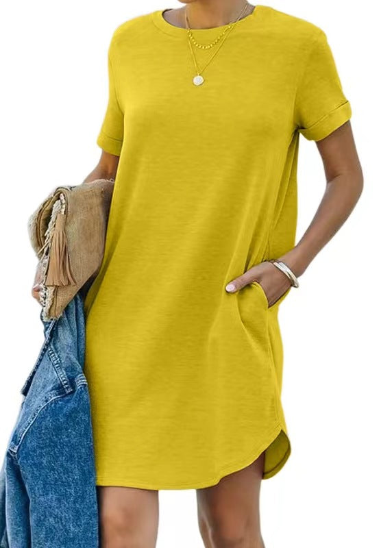 Damen lässiges Freizeitkleid mit Taschen und Rundhalsausschnitt EB