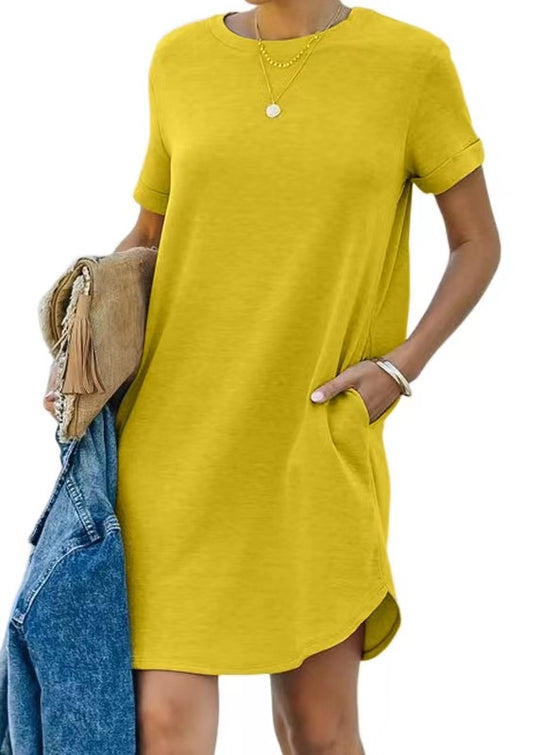 Damen lässiges Freizeitkleid mit Taschen und Rundhalsausschnitt EB