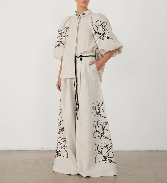 Damen Weit geschnittene Leinenhose mit floralen Stickereien EB