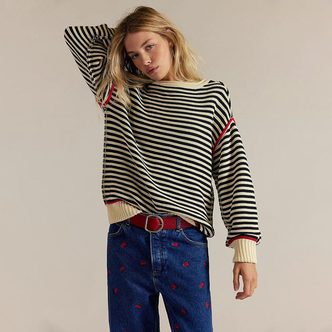 Damen Oversize Ringelstrickpullover mit weitem Schnitt, Bündchen & kontrastierenden Paspeln EB