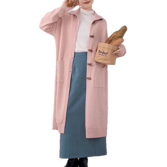 Damen langer Strickmantel mit Knöpfen und praktischen Taschen EB