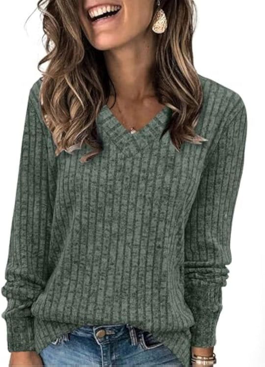 Damen gerippter V‑Ausschnitt Feinstrickpullover mit längerem Arm EB
