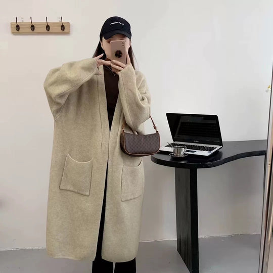 Damen Langer Oversized Strickcardigan mit praktischen Taschen und breiten Ärmeln EB