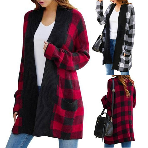 Damen lässiger Strickcardigan mit modernem Karomuster und offenen Fronten EB