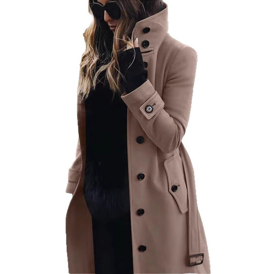 Damen eleganter Trenchcoat mit hohem Kragen und praktischen Taschen EB