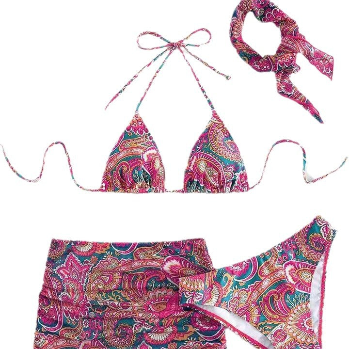Damen Triangel-Bikini-Set mit elegantem Wickelrock und passendem Haarband EB