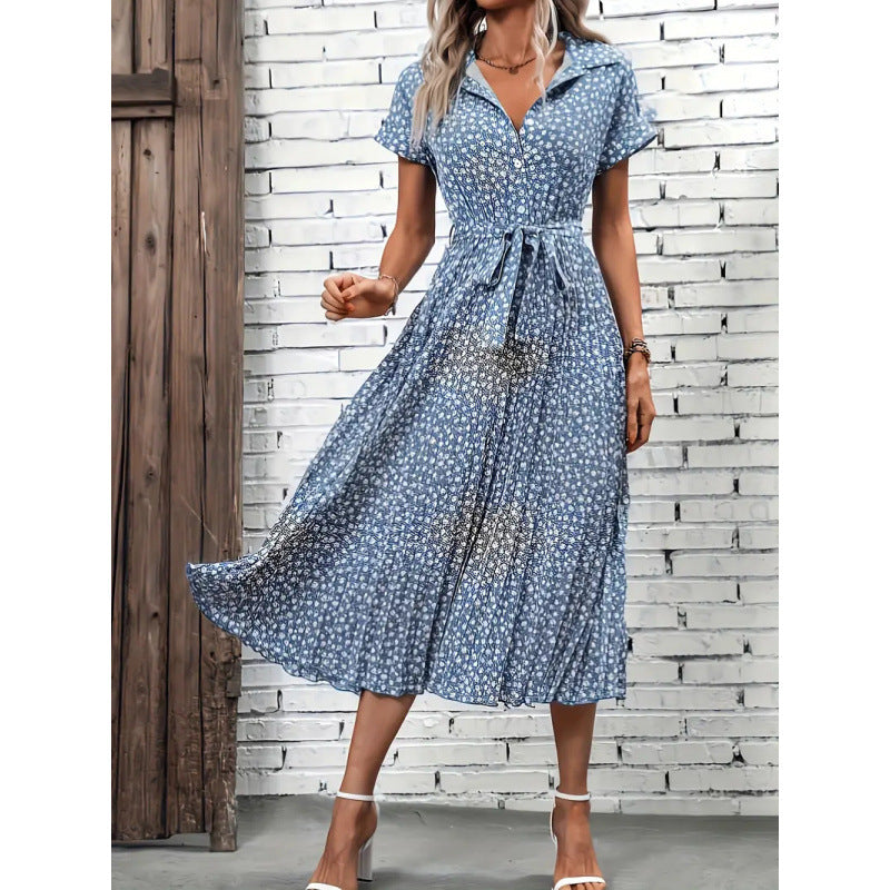 Damen Maxikleid mit knöpfbarem Kragen und Bindegürtel EB