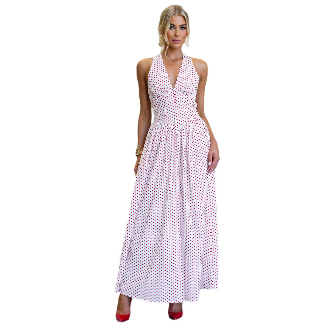 Damen Maxikleid mit tiefem V-Ausschnitt und verspieltem Polka-Dot-Muster EB