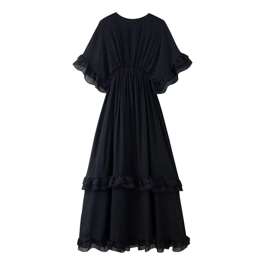 Damen Maxikleid mit voluminösen Rüschendetails und elegantem V-Ausschnitt EB