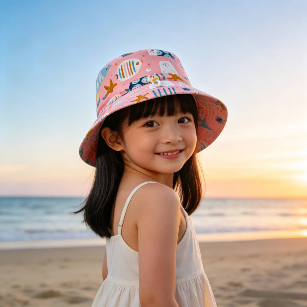 Unisex nan Kinder-Sonnenhut mit Wendemotiv, Kinnband und hohem UV-Schutz  R&B