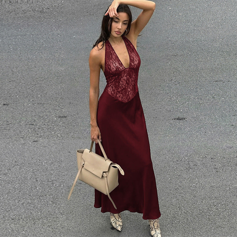 Damen Elegantes Maxikleid mit tiefem V-Ausschnitt und Spitzeneinsatz EB