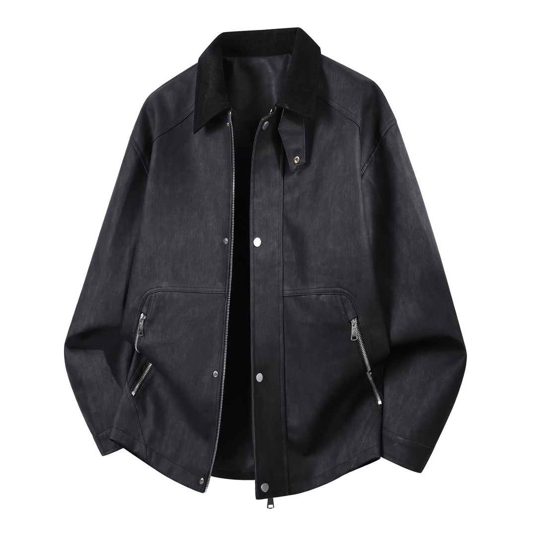 Herren Oversized Lederimitat-Harringtonjacke mit Cordkragen und verdecktem Zwei-Wege-Reißverschluss EB