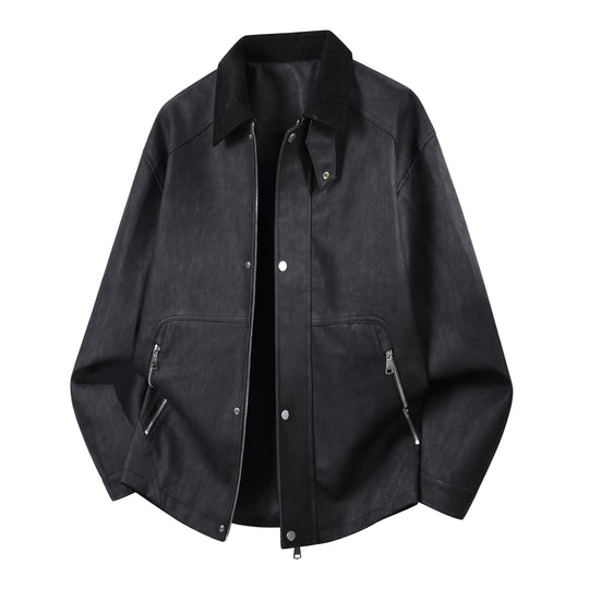 Herren Oversized Lederimitat-Harringtonjacke mit Cordkragen und verdecktem Zwei-Wege-Reißverschluss EB