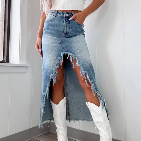 Damen Midilange Jeansrock mit teils fransigem Saum und hohem Schlitz EB