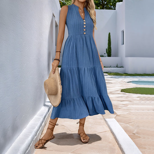 Damen Midikleid mit Knopfleiste und voluminösen Rüschendetails EB
