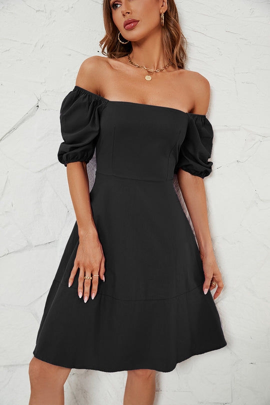 Damen Off-Shoulder Kleid mit Puffärmeln und schwingendem Rock EB
