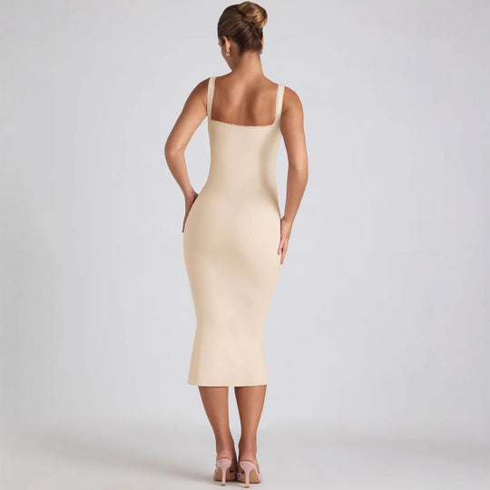 Damen figurbetontes Midikleid mit quadratischem Ausschnitt und Spitzenakzenten EB