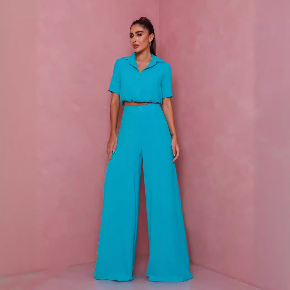 Damen Elegantes Kurzarm-Blusen und Palazzo-Hosen-Ensemble EB