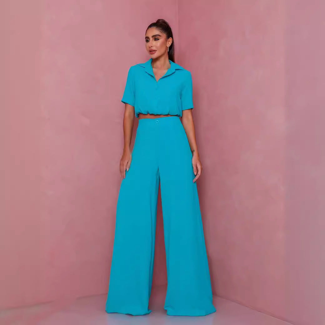 Damen Elegantes Kurzarm-Blusen und Palazzo-Hosen-Ensemble EB