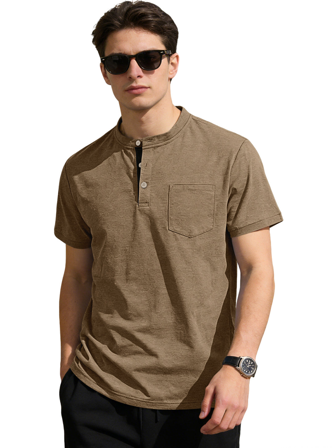 Herren nan strukturiertes Baumwoll-Henleyshirt mit kurzem Stehkragen Knopfleiste und Brusttasche EB