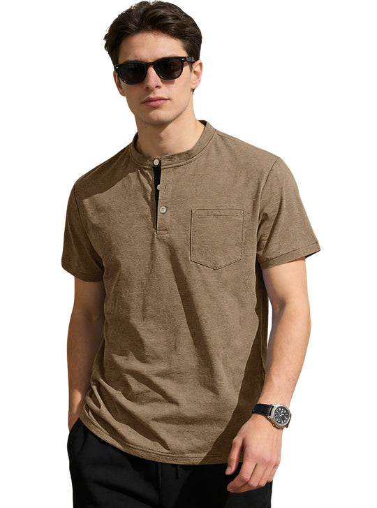Herren nan strukturiertes Baumwoll-Henleyshirt mit kurzem Stehkragen Knopfleiste und Brusttasche EB