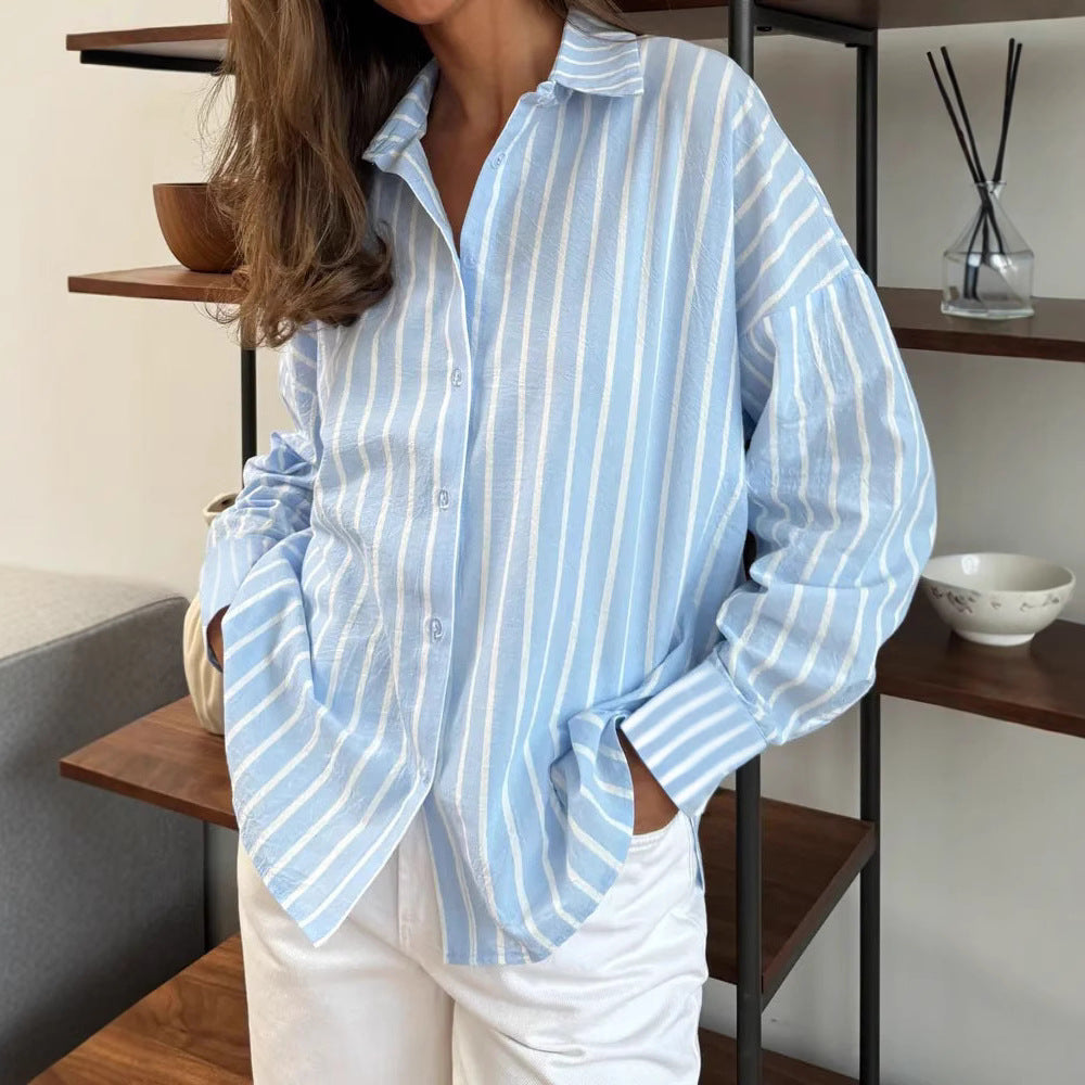 Damen lässige Baumwollbluse mit gestreiftem Design und lockerer Passform EB