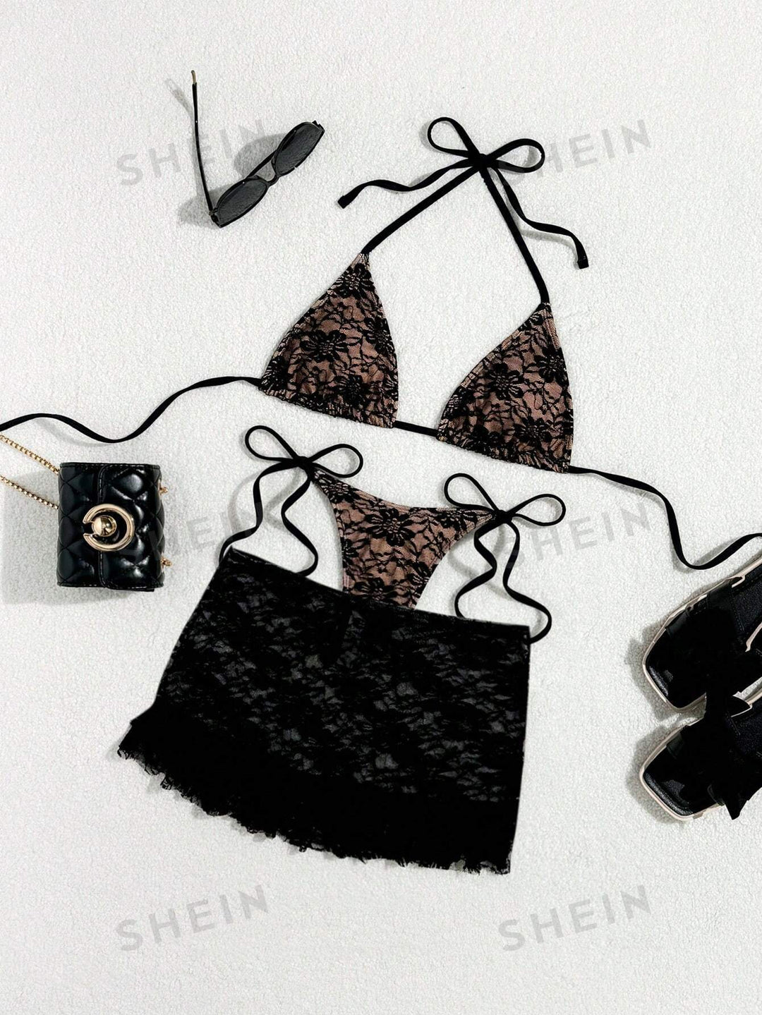 Damen Spitzen-Bikini mit floralem Design und fließendem Rock EB