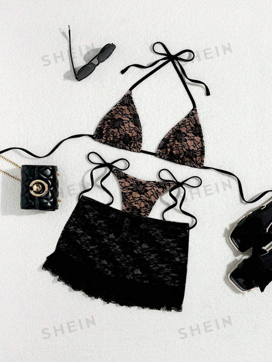 Damen Spitzen-Bikini mit floralem Design und fließendem Rock EB