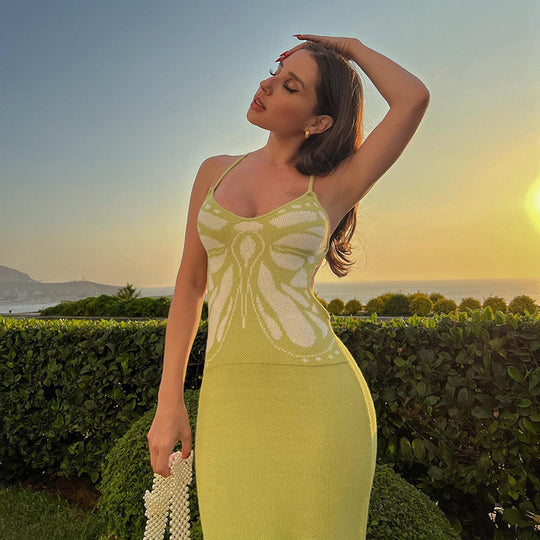 Damen Strickkleid mit floralem Design und Spaghettiträgern EB