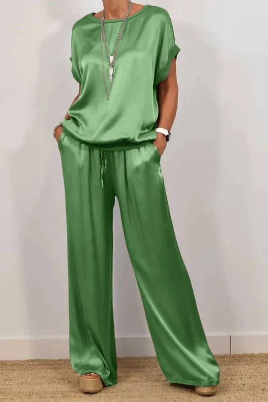 Damen Elegantes Satin Lounge-Set mit weitem Schnitt und lässigem Oberteil EB