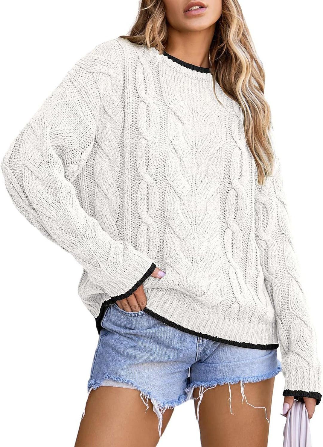 Damen Strickpullover mit grobem Zopfmuster EB