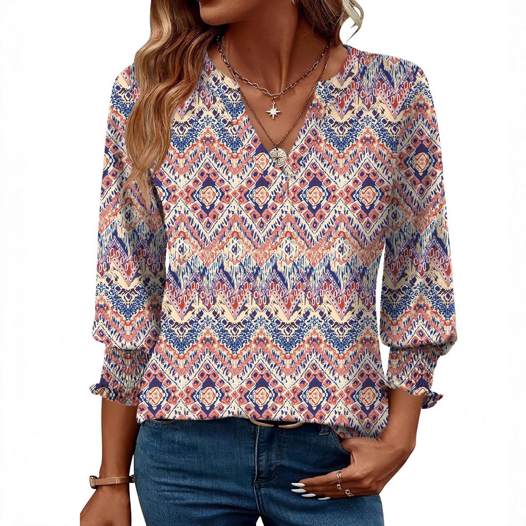 Damen modische Bluse mit verspieltem Paisleymuster und Rüschendetails EB