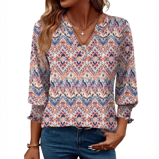 Damen modische Bluse mit verspieltem Paisleymuster und Rüschendetails EB