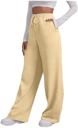Damen nan weite High‑Waist Palazzo-Loungehose mit elastischem Komfortbund, Kordelzug und seitlichen Eingrifftaschen EB