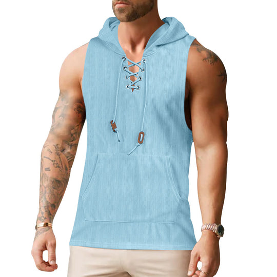 Herren nan ärmelloses Kapuzen-Sweatshirt mit Schnürkragen und Kängurutasche EB