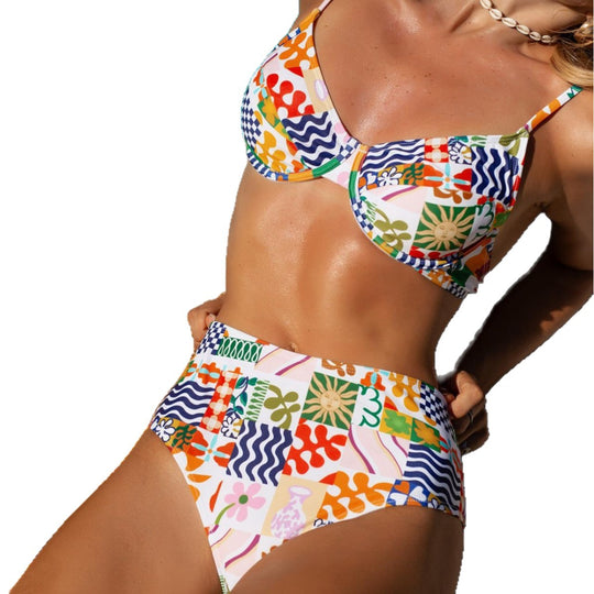 Damen Hochtailliertes Bikini-Set mit floralem Design und strukturierter Passform EB