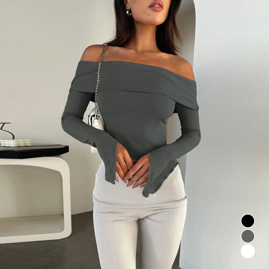 Damen Off-Shoulder Shirt mit eleganten Trompetenärmeln EB