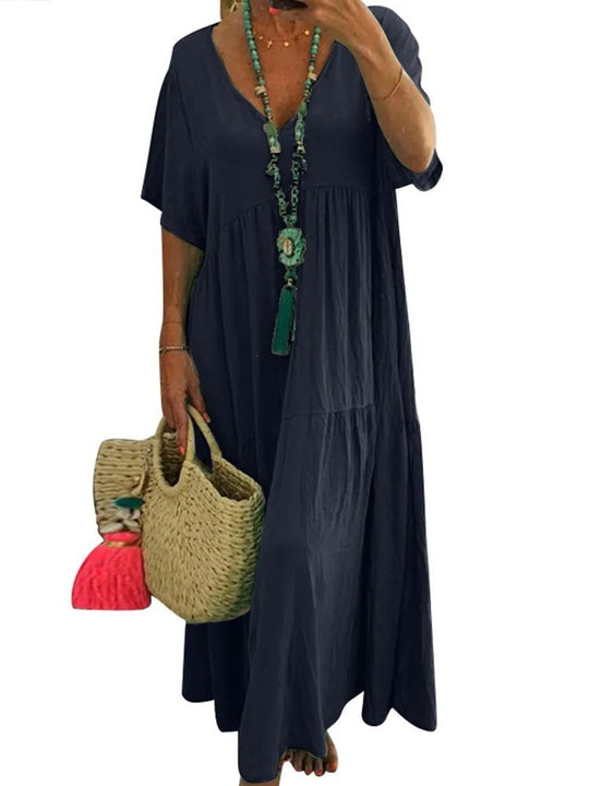 Damen luftiges Boho-Maxikleid mit schwingendem Saum und tiefem V-Ausschnitt EB