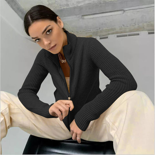 Damen Strickjacke mit hohem Kragen und innovativem Zipper EB